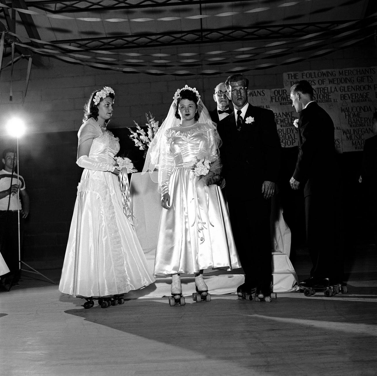 Wedding Party on Roller Skates During Ceremony in Chicago, 1951