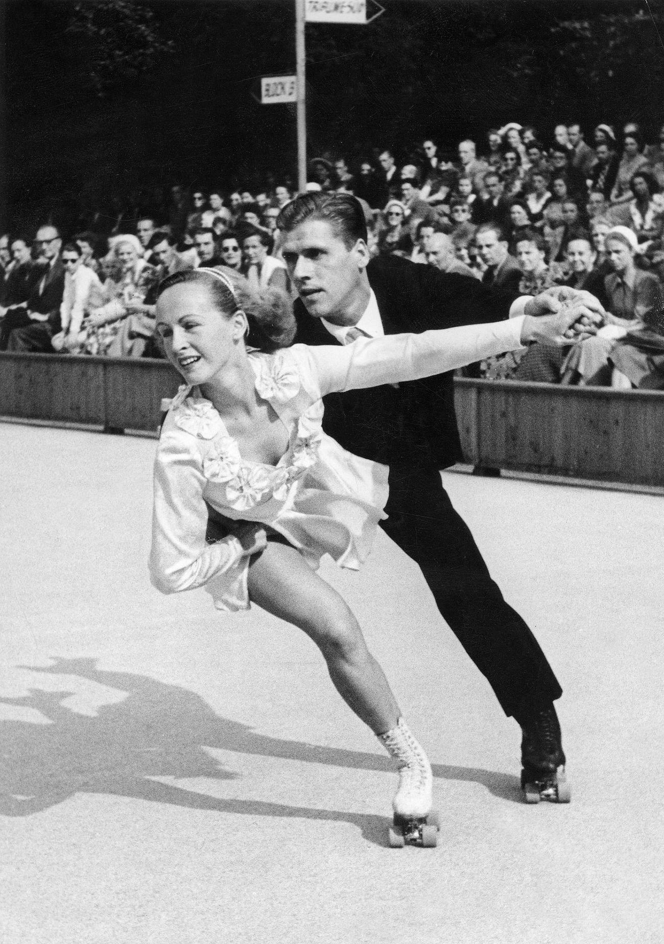 Falk, Ria and Paul, German Figure Skating Olympians, Pair Skating on Roller Skates, 1951