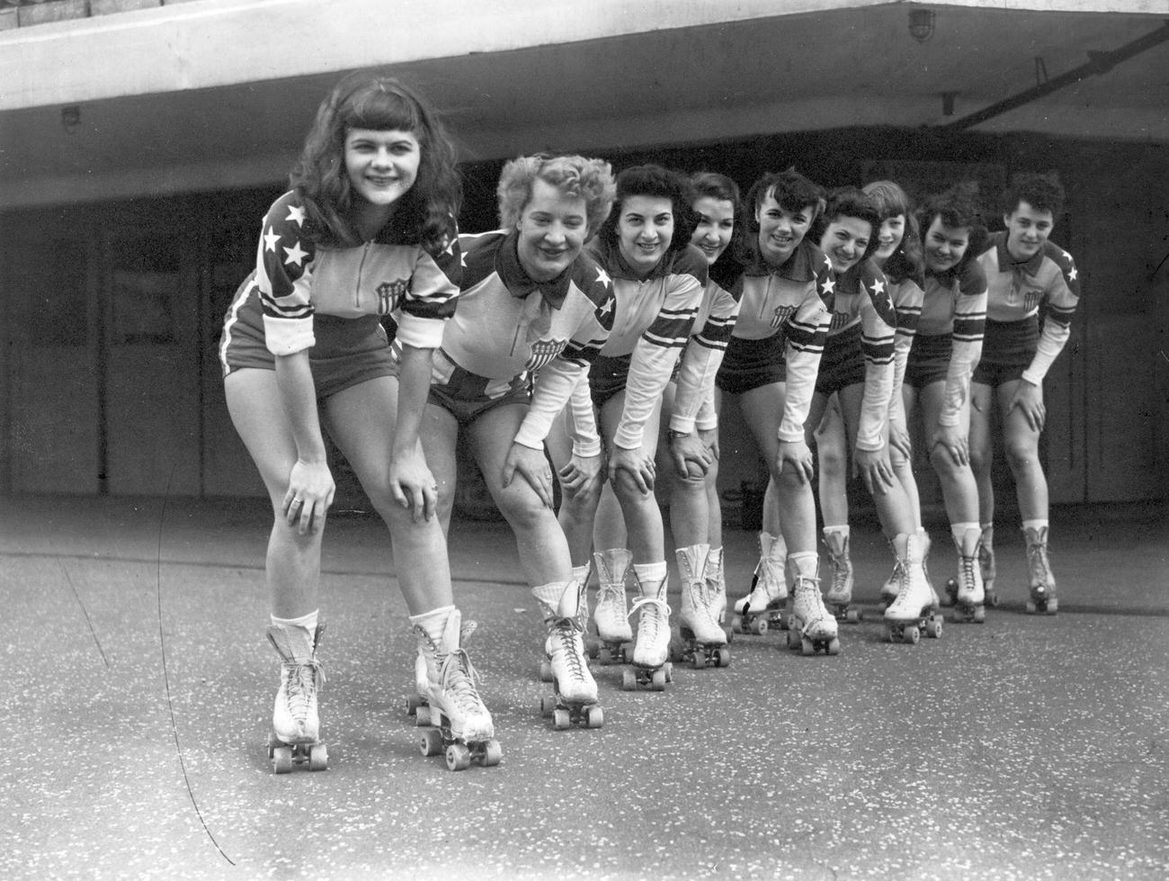 New York Chiefs' Girls Outside Haringey Arena Before Roller Derby, London, 1953