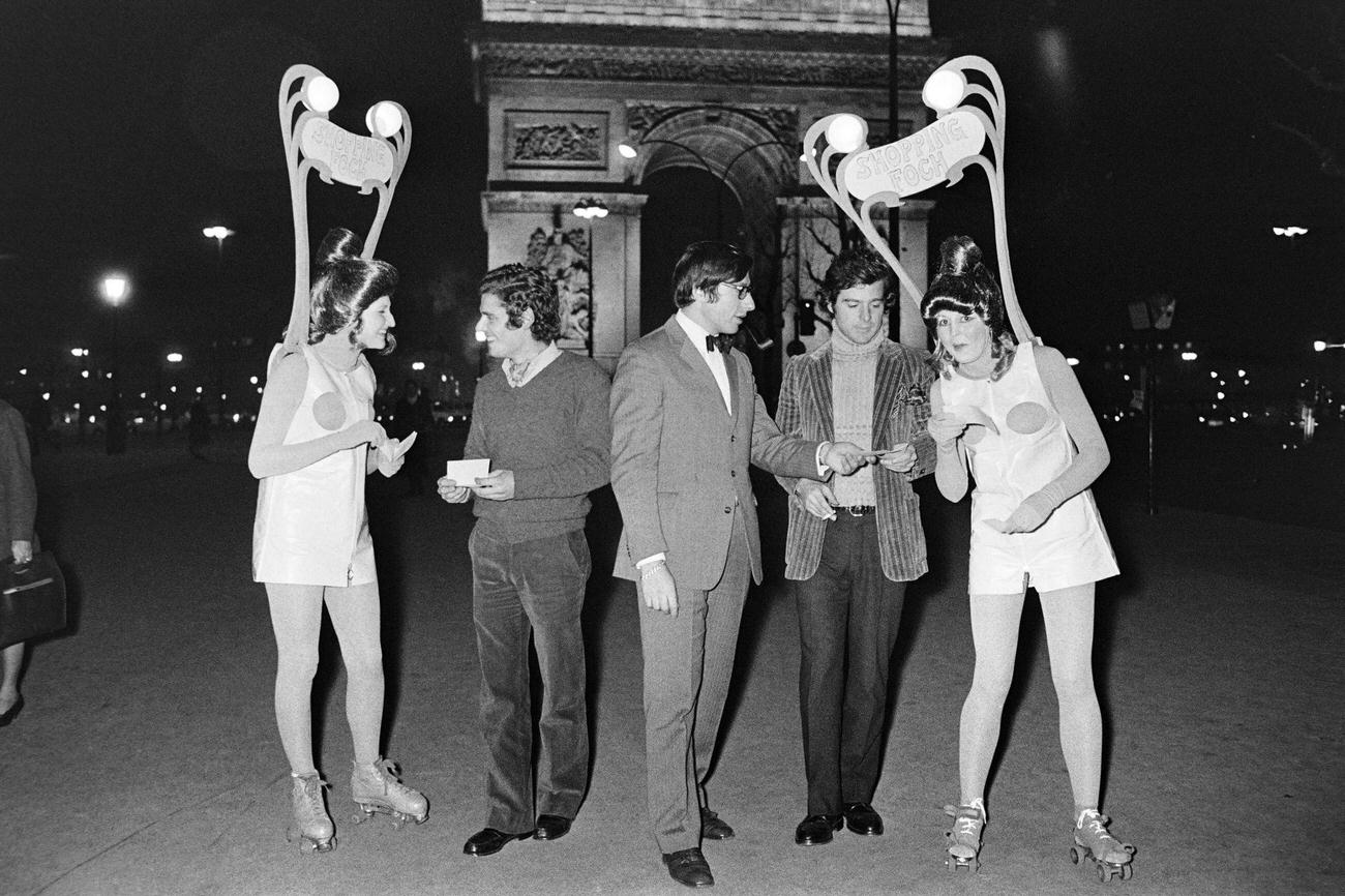 "Sandwich Women" on Roller Skates Distribute Flyers in Paris, 1970