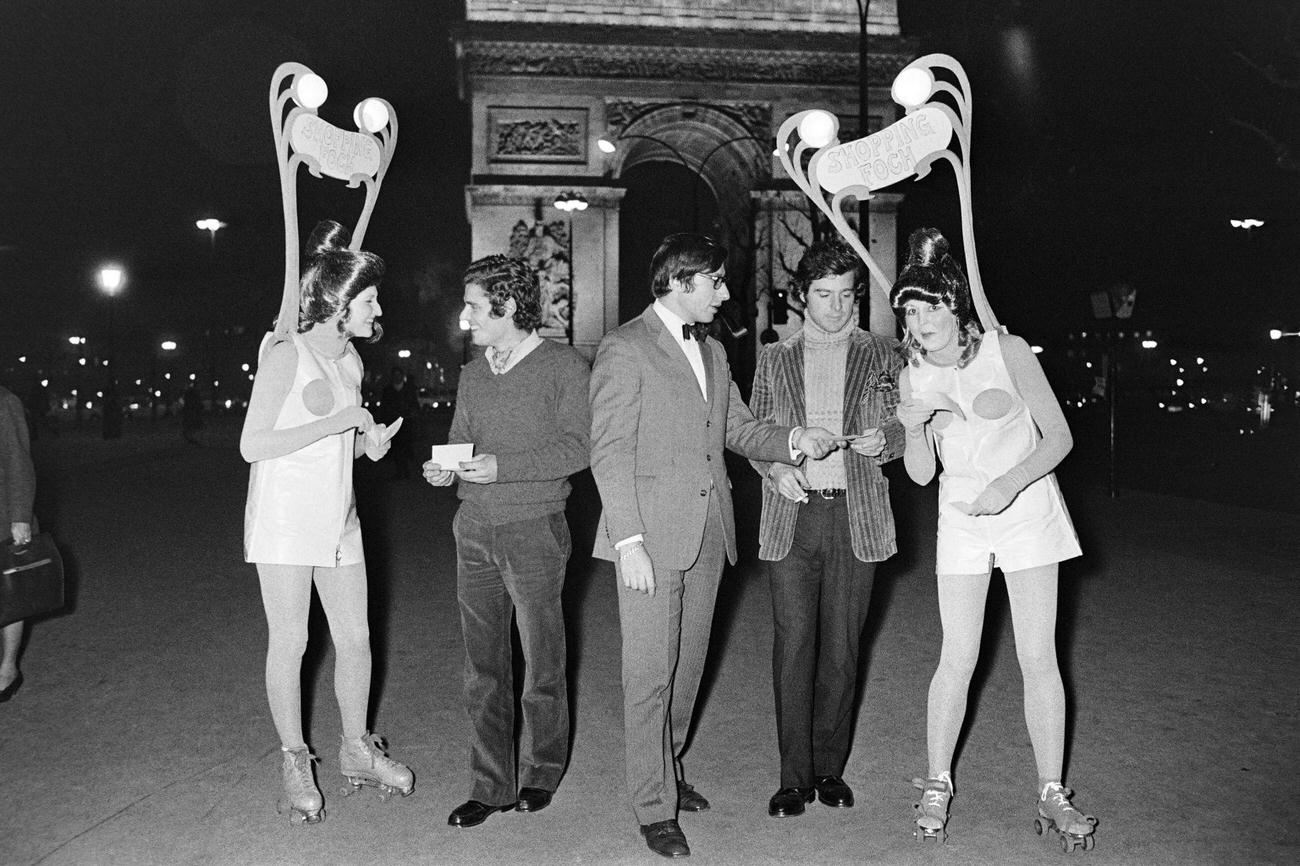 "Sandwich Women" on Roller Skates Distribute Flyers in Paris, 1970