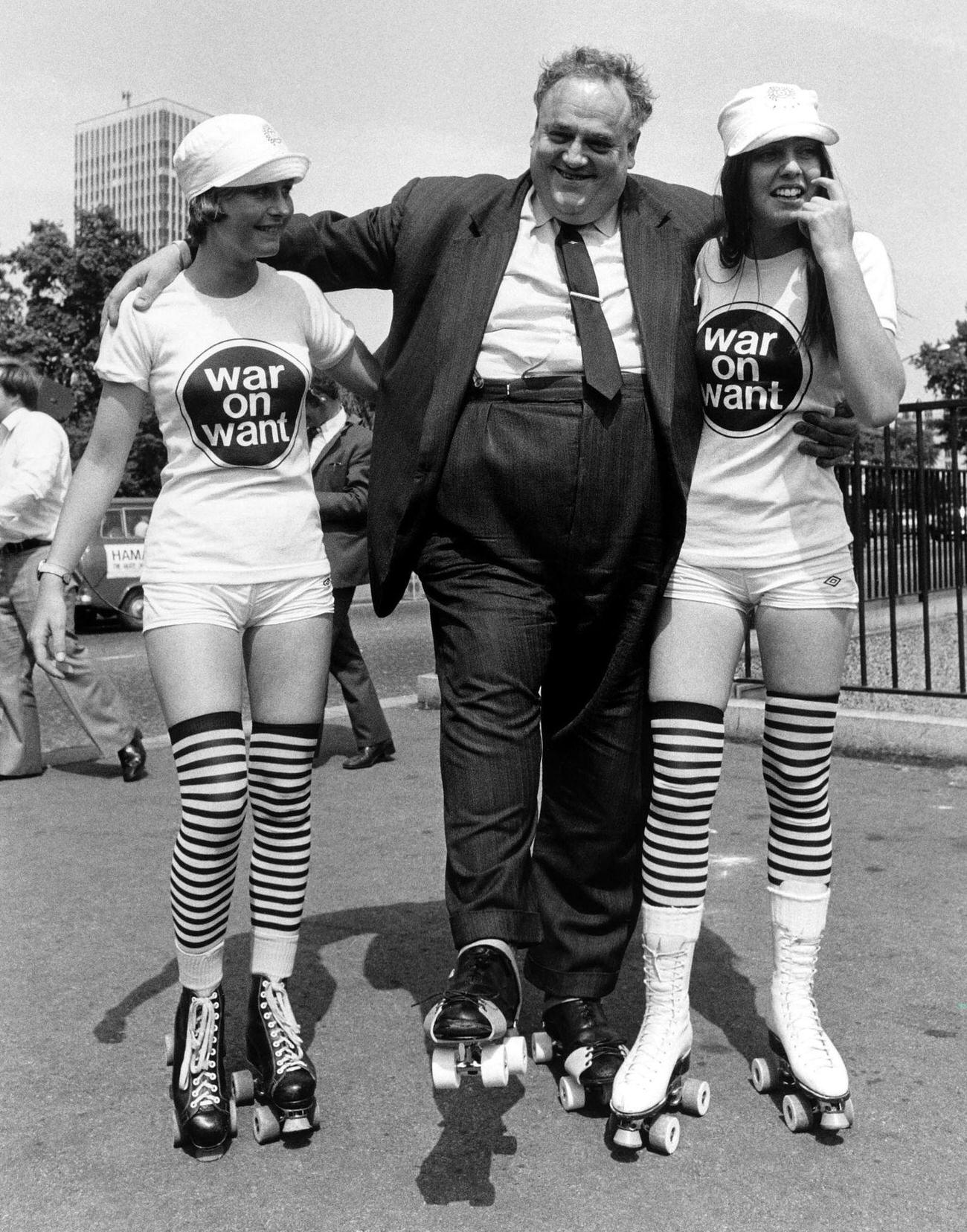 Cyril Smith Roller Skating to Publicize Charity "War on Want," London, 1978