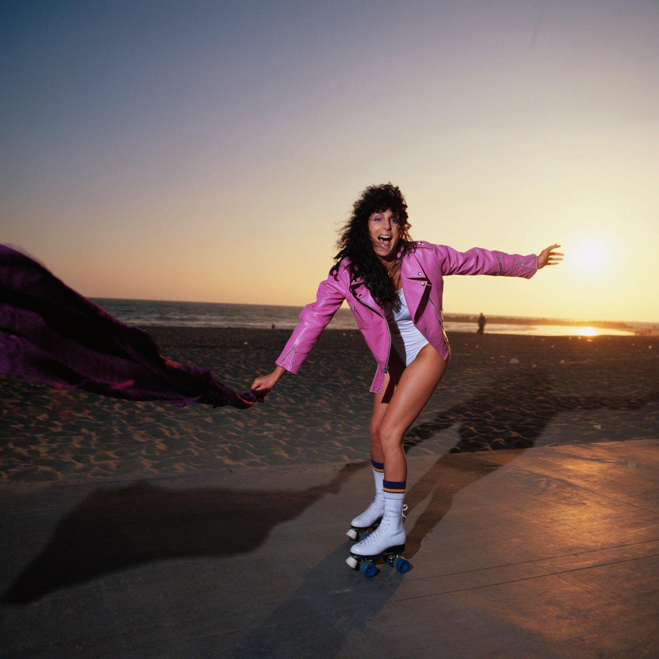 Cher Roller Skating at Venice Beach in Pink Leather Jacket, California