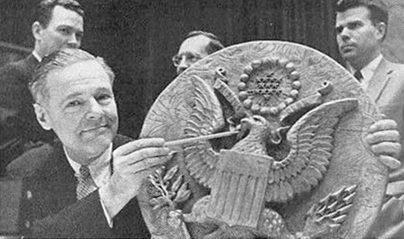 Ambassador Henry Cabot Lodge, Jr. displays the Great Seal bug at the United Nations.
