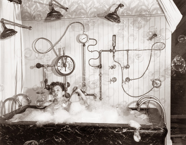 Ann Blyth Takes a Bubble Bath with Assorted Gadgets, 1949
