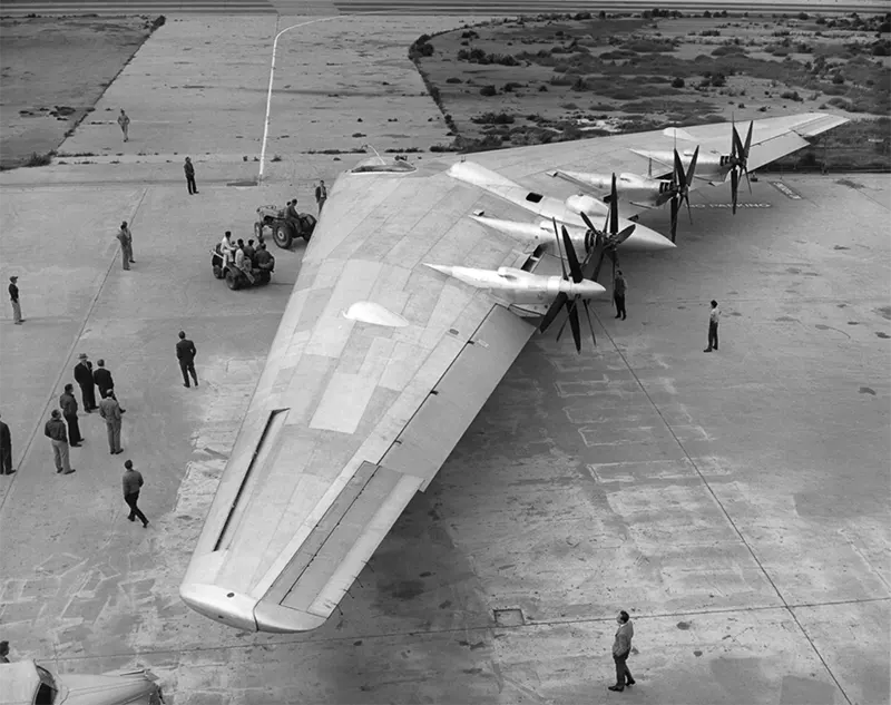 Northrop’s XB-35 Flying Wing Bomber is wheeled on to the runway for its first taxi tests in Hawthorne, California.