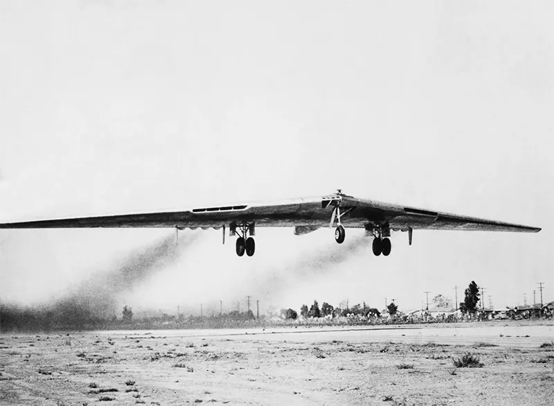 A Northrop YB-49 takes off on a test flight in California.