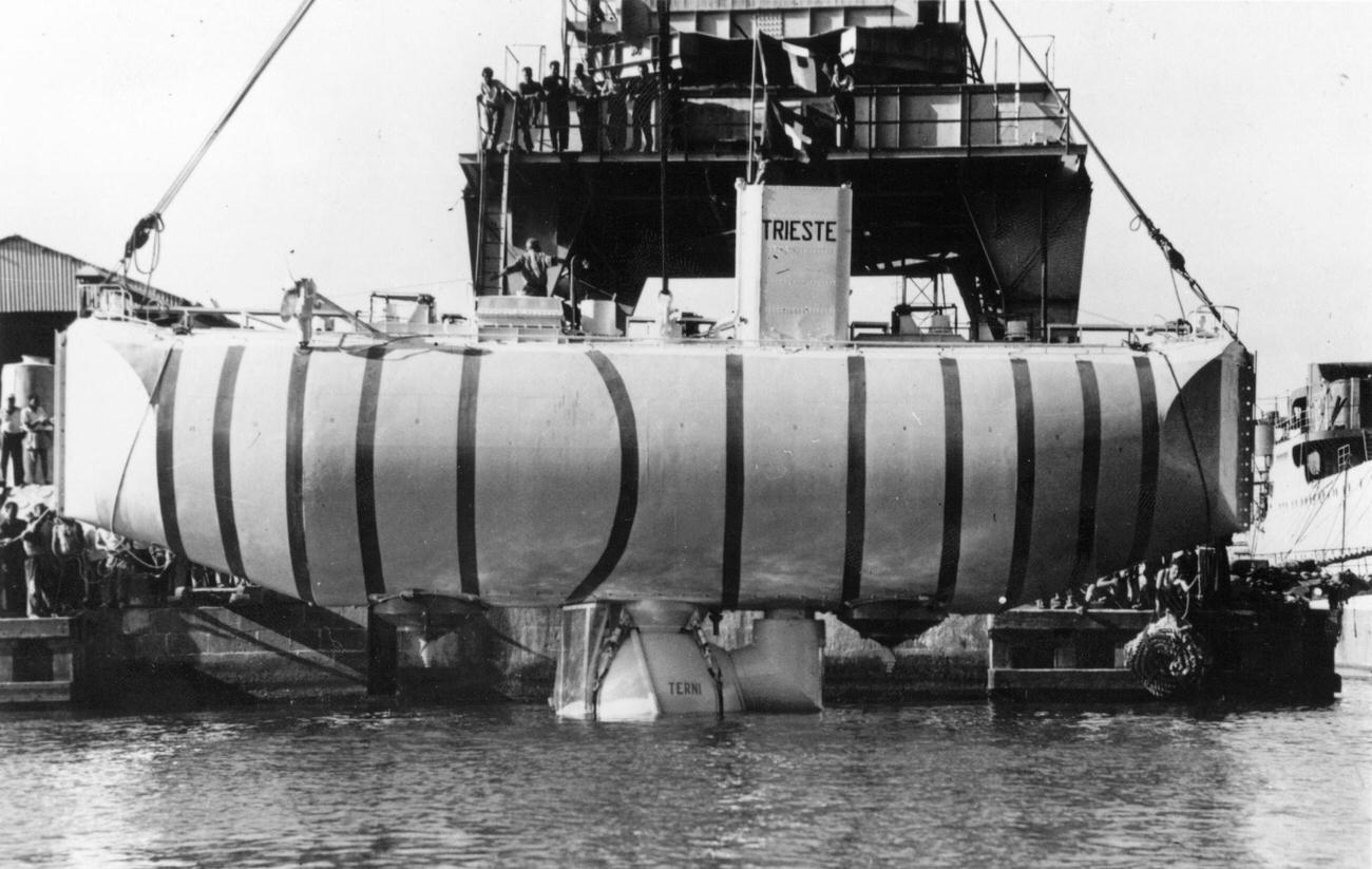 Professor Auguste Piccard launching bathyscaphe 'Trieste', Castellamare di Stabia, Italy, 1953.