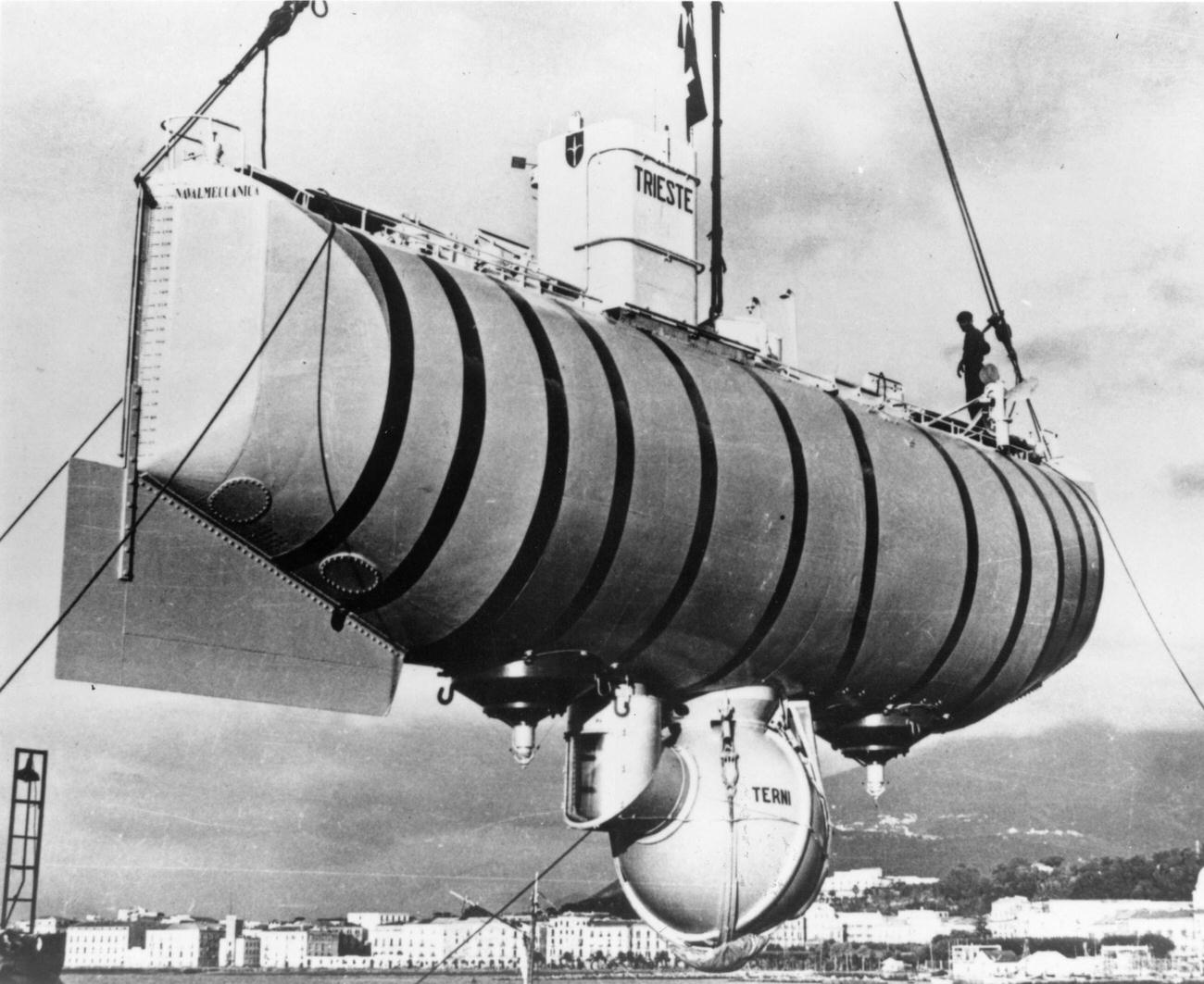 Bathyscaphe 'Trieste' designed by Auguste Piccard and his son Jacques.