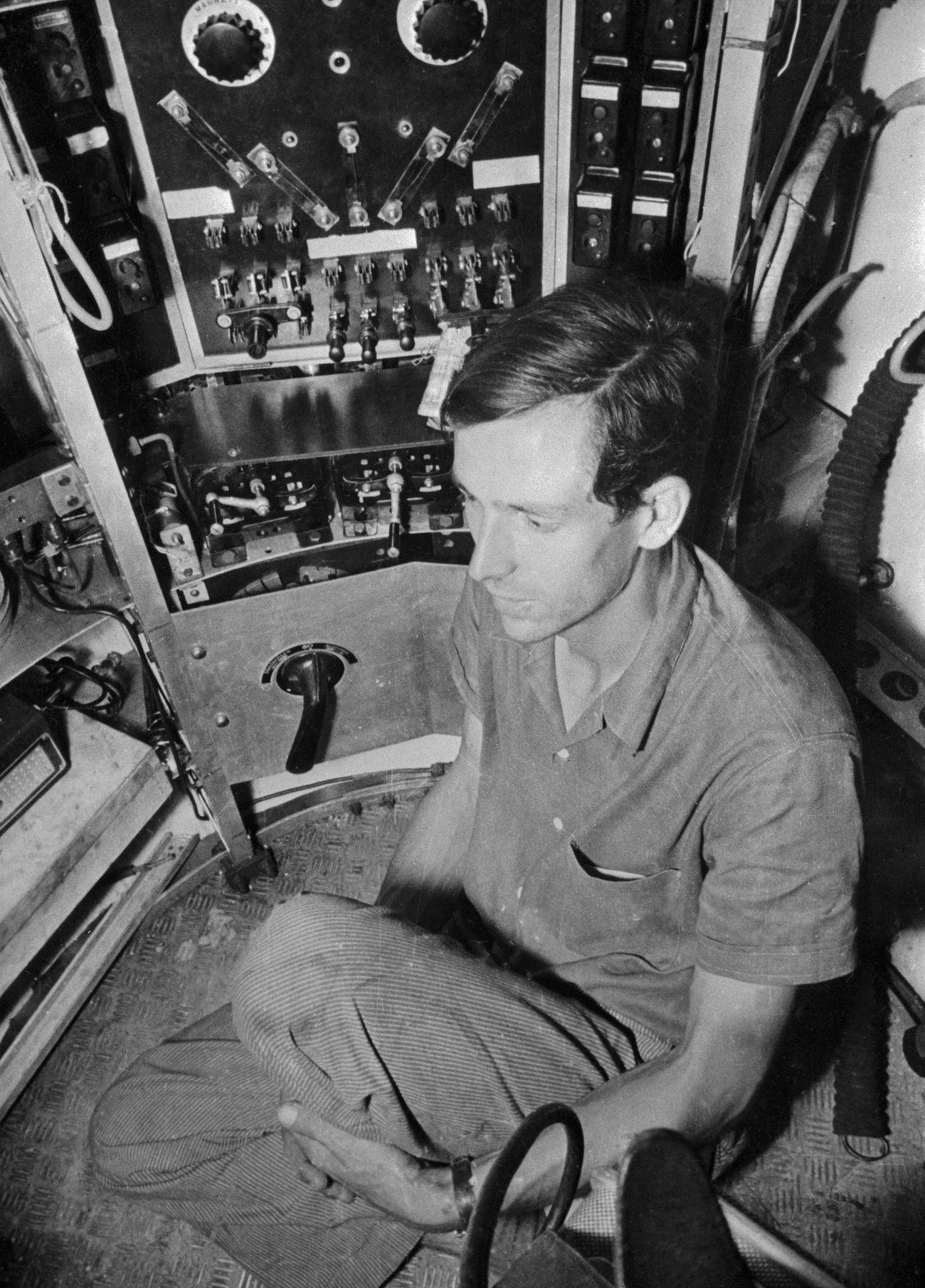 Jacques Piccard inside bathysphere 'Trieste' during a world record attempt off Isle of Ponza.