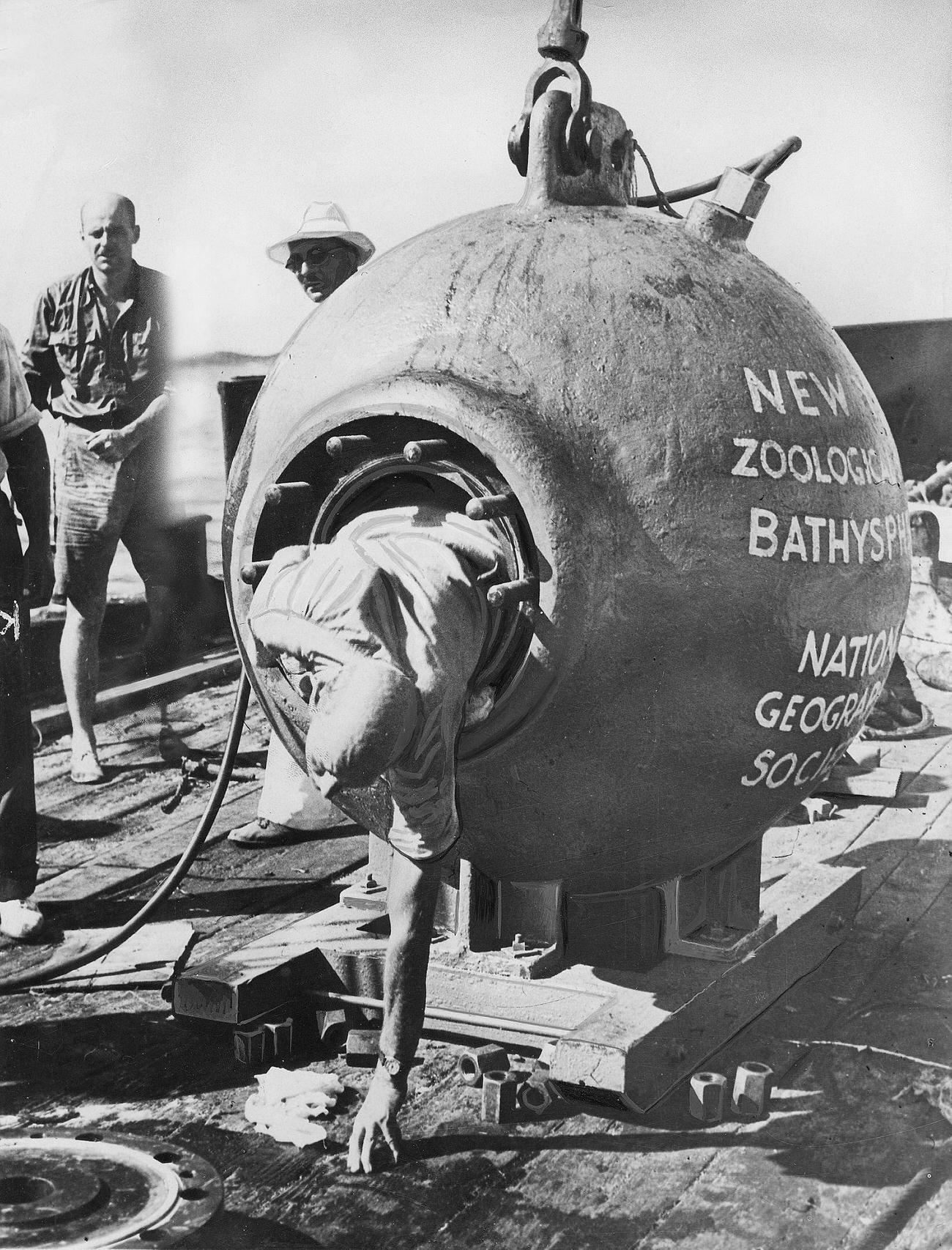 Zoologist William Beebe exiting his deep-sea diving sphere 'Bathysphere', Bermuda, August 1934.