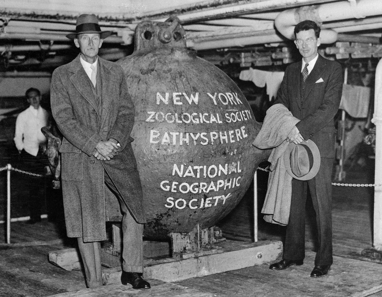 William Beebe and J. Tee-Van returning to New York after a record depth dive off Bermuda.