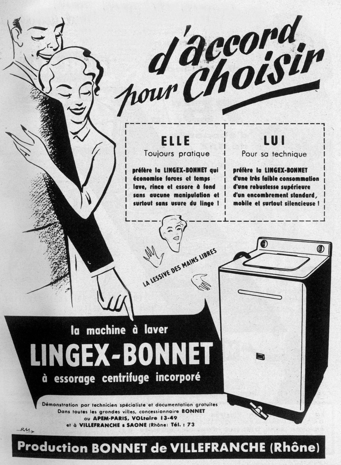 Lingex Bonnet washing machine advertisement, 1958.