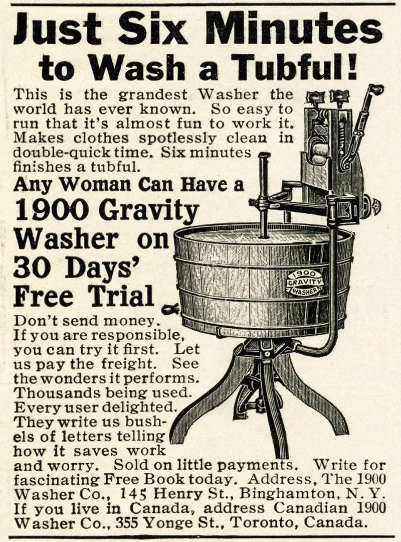 State-of-the-art washing machine allowing six-minute loads, 1900.