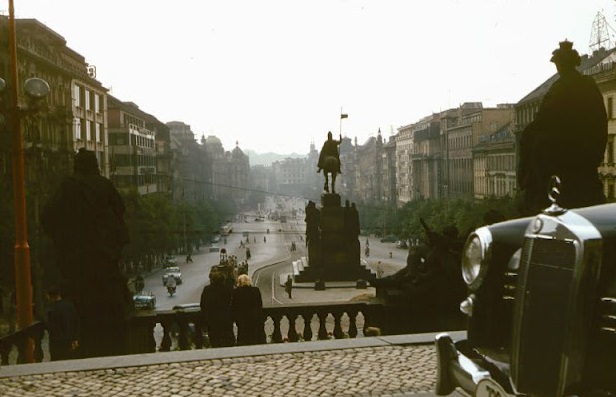 Wenceslas Square from National Museum, Prague, July 1958.