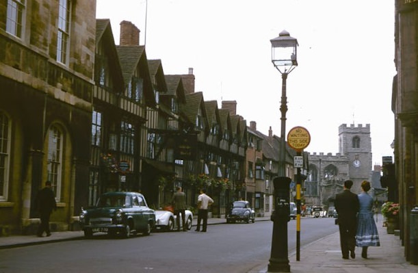 Chapel Street, Stratford-upon-Avon, Shakespeare Hotel, Guild Chapel, August 1958.
