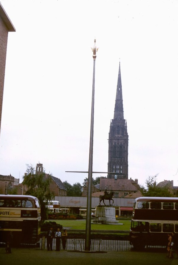 Ruins of St. Michael's Cathedral, Lady Godiva statue, Coventry, August 1958.