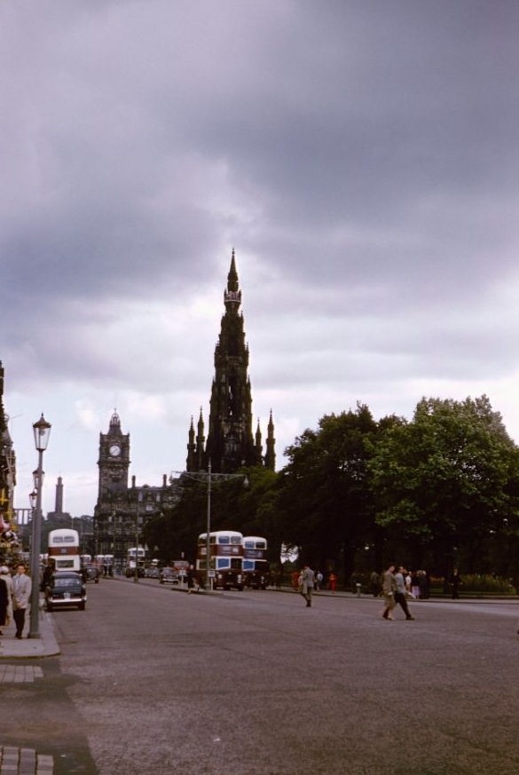 View including Sir Walter Scott Monument, Edinburgh, August 1958.