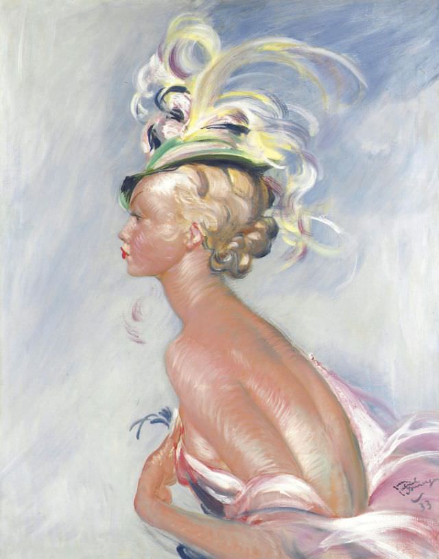 Fashionable Woman in Hat with Feathers, 1933