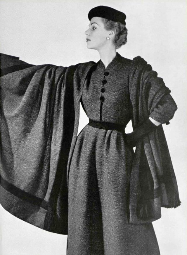 Stella in Madeleine de Rauch's tweed day-dress, 1953.