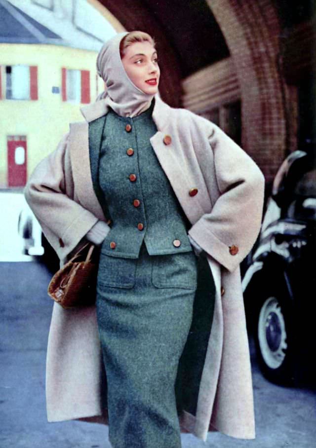 Marie-Hélène in Madeleine de Rauch's wool coat and tweed suit, 1954.
