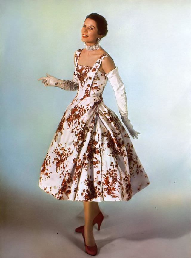 Model in Madeleine de Rauch's floral silk dress, 1955.