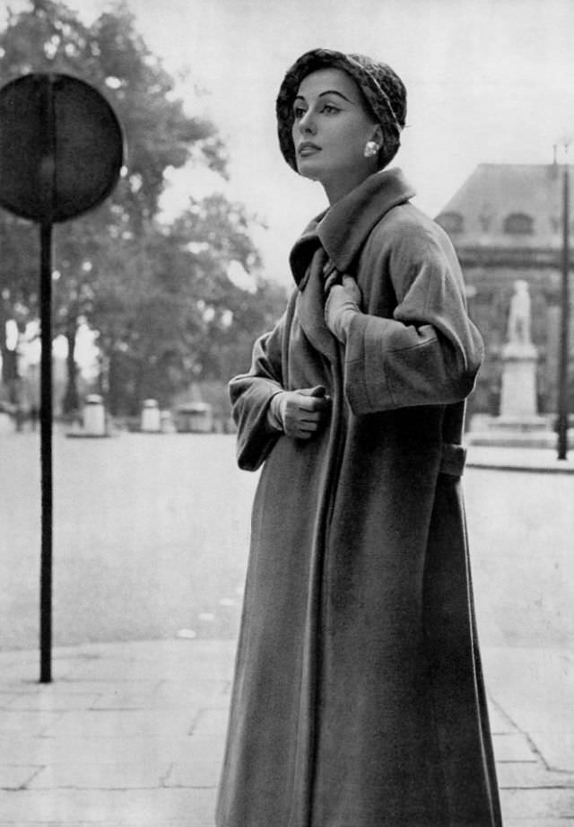 Marina in Madeleine de Rauch's camel-hair coat, 1957.