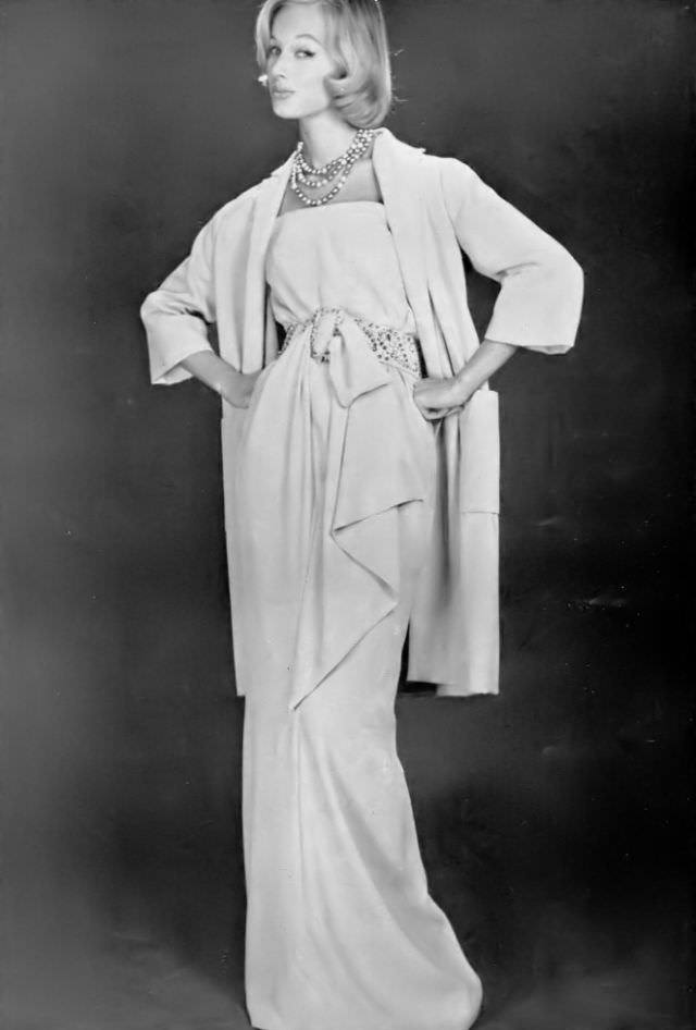 Monique Chevalier in Madeleine de Rauch's crêpe evening ensemble, 1957.