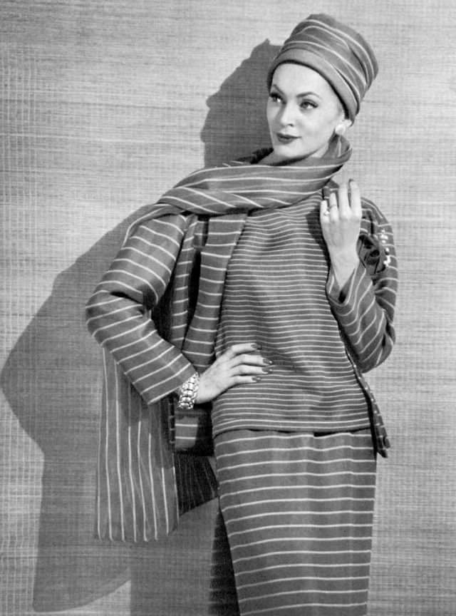 Ghislaine Arsac in Madeleine de Rauch's striped organdy ensemble, 1958.