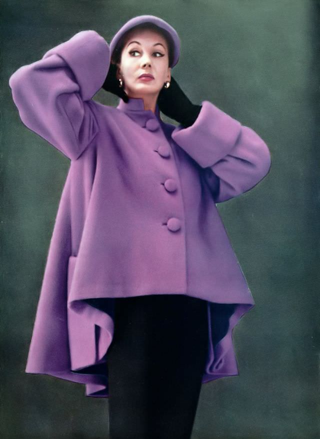 Barbara Goalen in Lachasse coat and Rose Vernier beret, Harper's Bazaar UK, November 1951.