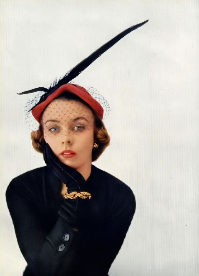 Shelagh Wilson in R.M.Hats' red velour hat, Harper's Bazaar UK, September 1951.
