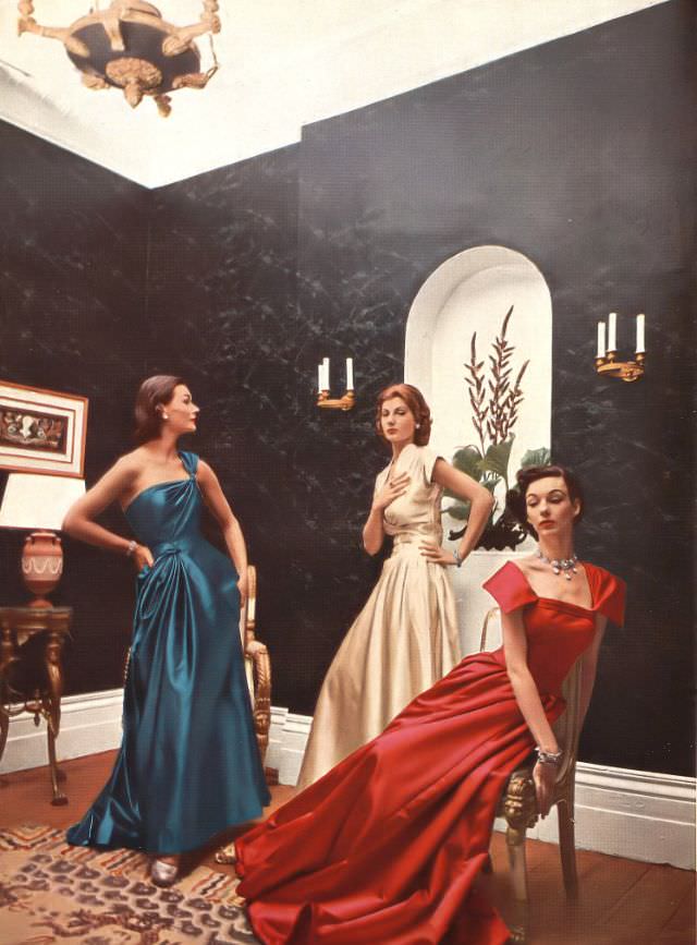 Anne Gunning and others in evening gowns by Paterson, Hartnell, and Morton, 1952.