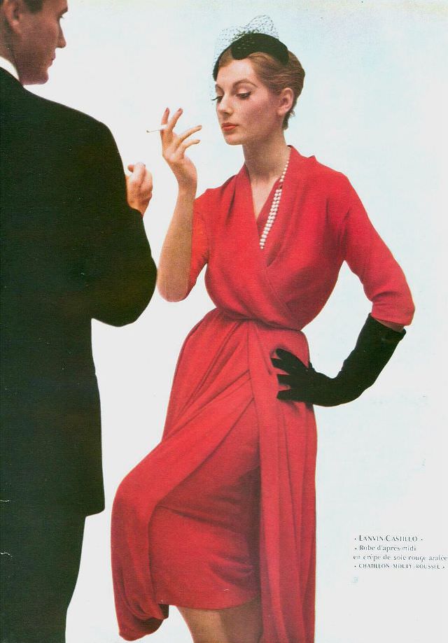 Fiona Campbell-Walter in Lanvin-Castillo's red silk-crêpe dress, Paris Vogue, October 1952.