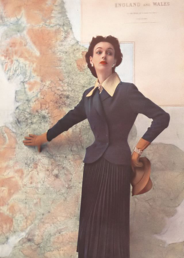 June Duncan in Marcus Spring suit and Leathercraft accessories, Harper's Bazaar UK, February 1952.