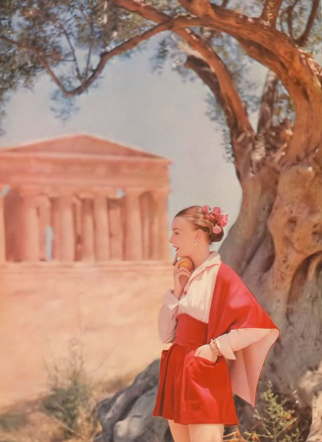 Shelagh Wilson in Horrockses' corduroy shorts at Agrigento, Sicily, Harper's Bazaar UK, January 1952.