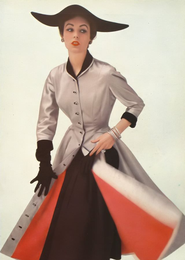 Susan Hook in Susan Small's cocktail coat-dress, Harper's Bazaar UK, August 1952.