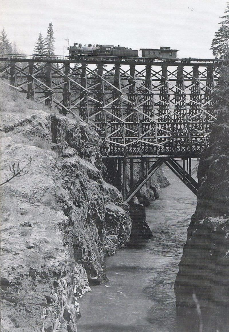 Timber trestle over Crooked River Gorge, central Oregon, 320 feet high.