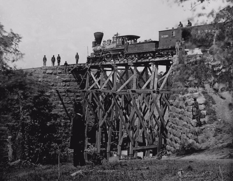 Engine “Firefly” on Orange and Alexandria Railroad trestle, circa 1864.