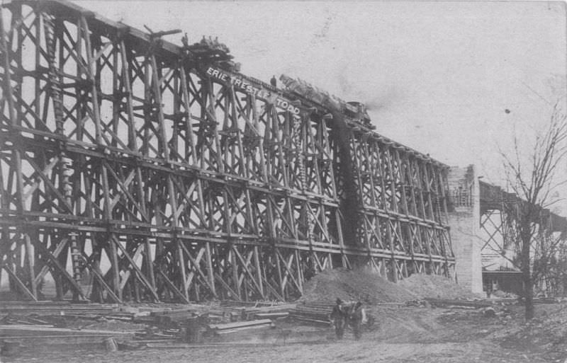 Erie Railroad trestle construction.