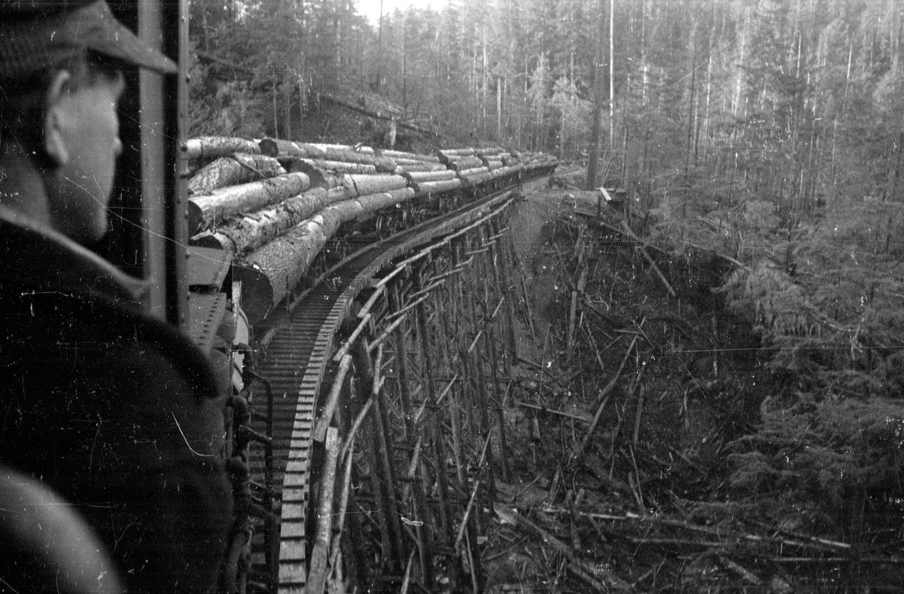 Logger transporting timber on railway, British Columbia, Canada, Aug 10, 1939.