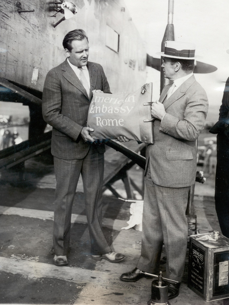 Airmail pilot Lloyd Bertaud with unidentified individual, Sept. 6, 1927.