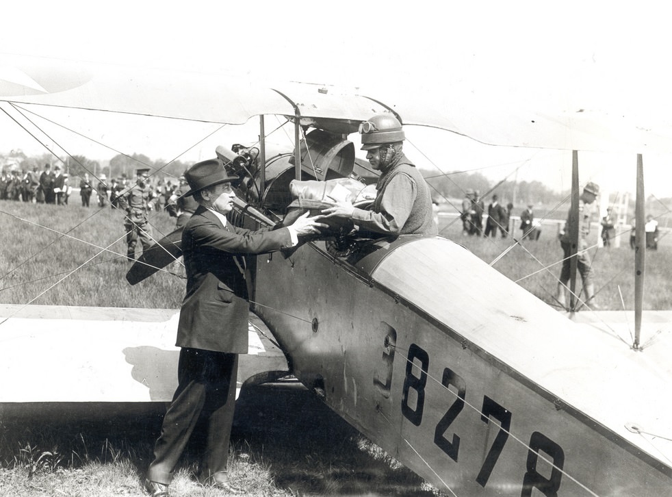 New York City Postmaster Thomas G. Patten with pilot Lt. Torrey Webb, 1918.
