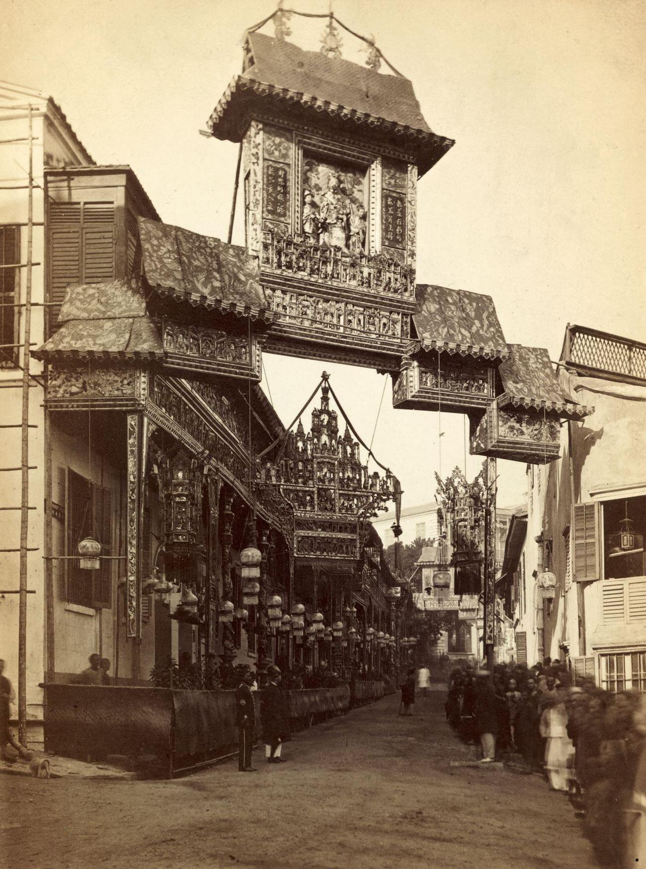 A street in Hong Kong illuminated for the Duke of Edinburgh's visit in 1869.