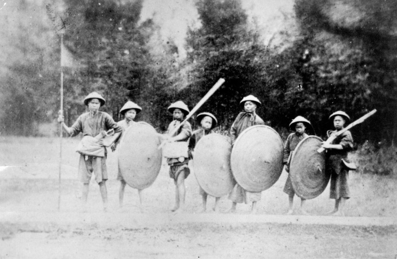 Chinese militia from up-country, armed with clubs and wicker shields, during the Second Chinese Opium War.