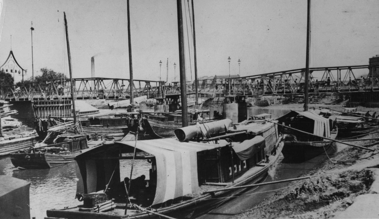 Gun boats in the Chinese harbor of Tientsin, circa 1860.