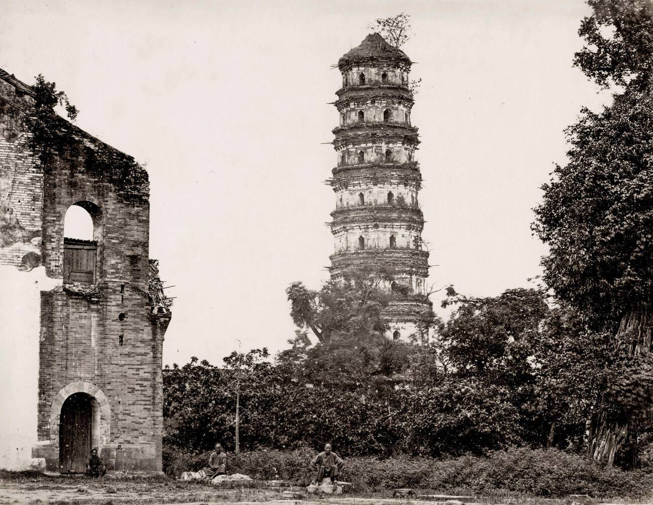 Pagoda and ruins in Canton, Guangzhou, China, 1860s