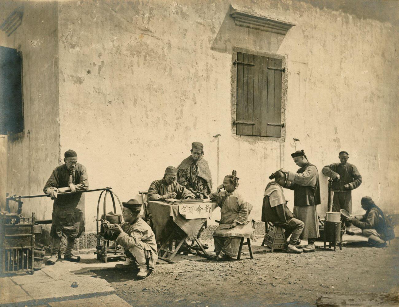 Scribe, Barber, and Tradesmen with Customers, China, 1872
