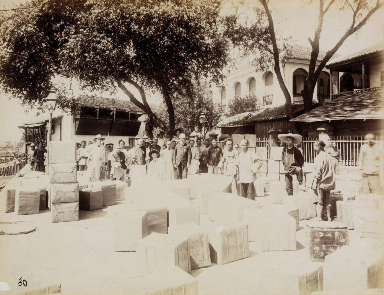 Tea packed for shipping, Hankou, China, 1875