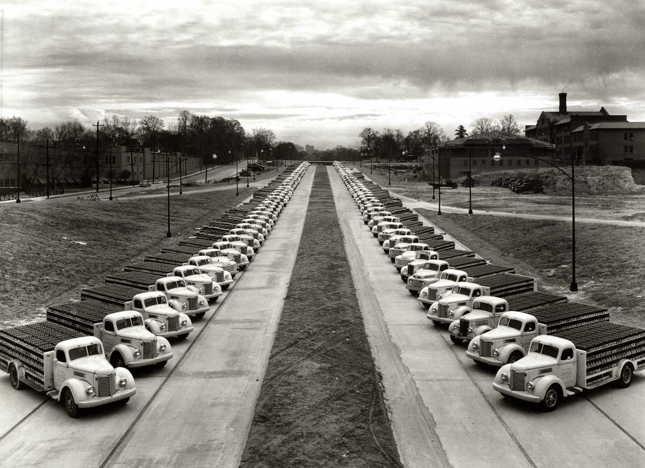 Photo taken south of 10th street near downtown connector, showing old O’Keefe high school, now part of Georgia Tech, 1950s.