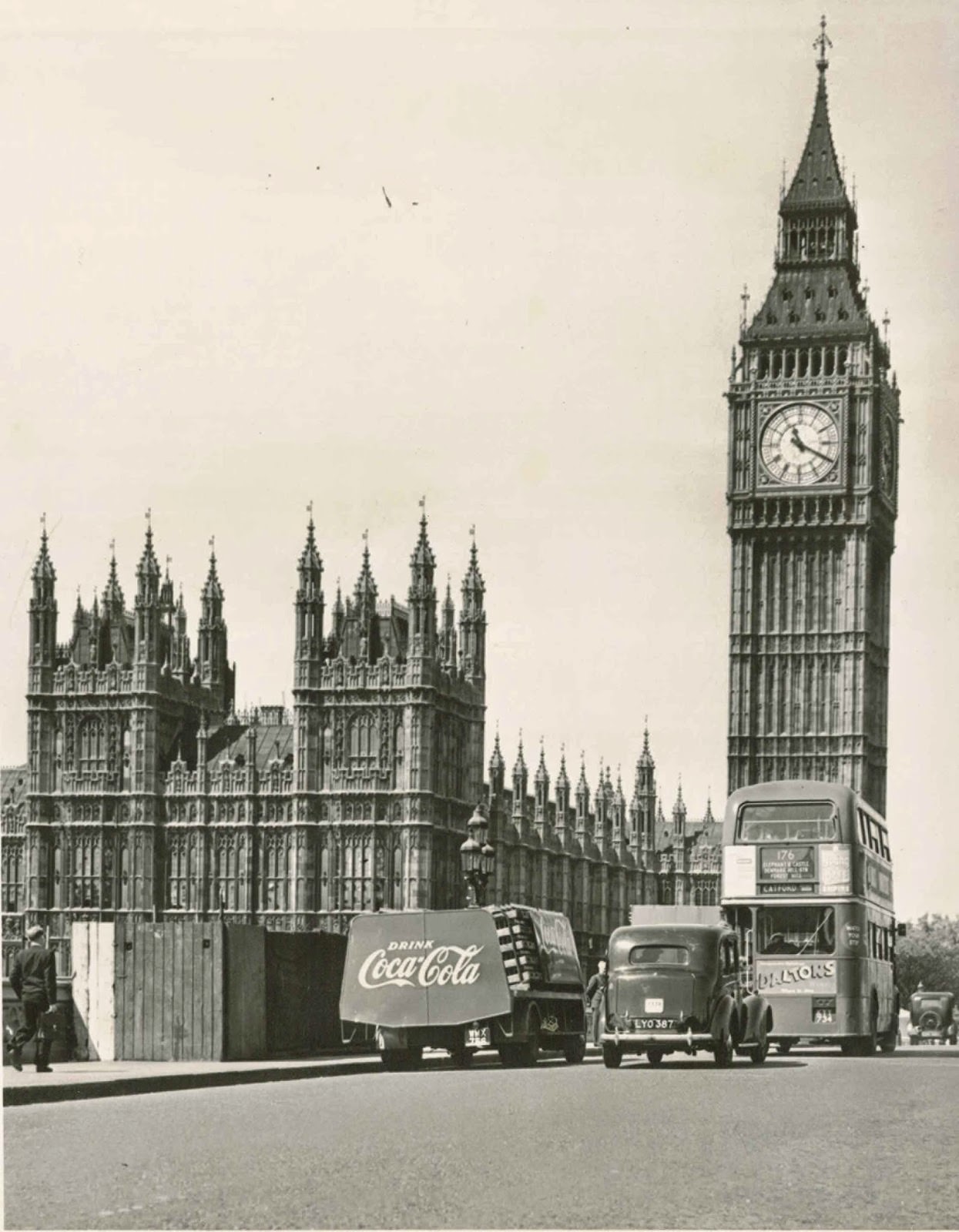 A Coca-Cola delivery truck on Westminster Bridge with Big Ben and the Parliament buildings, 1953.
